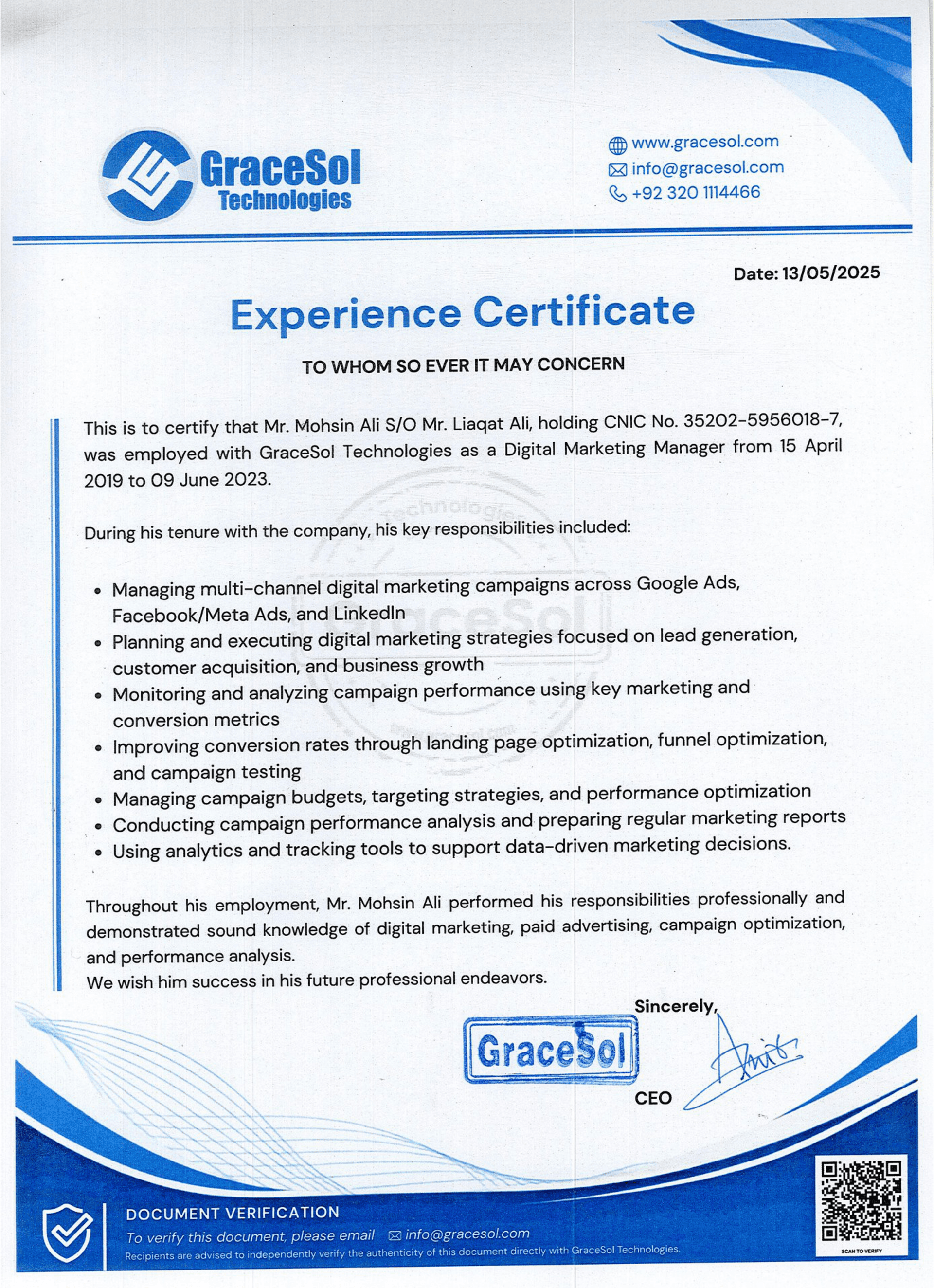 Experience Certificate – Mr. Mohsin Ali