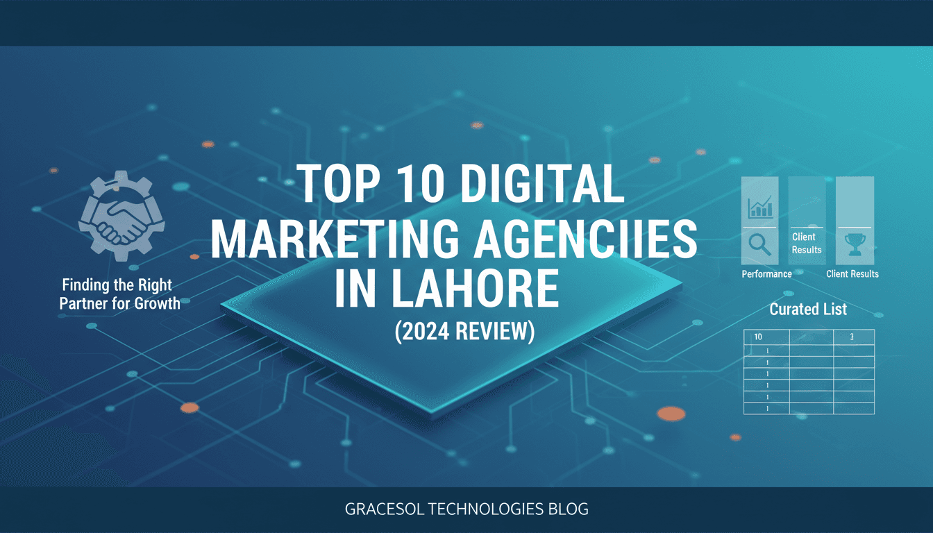 A dynamic cityscape of Lahore with digital marketing icons overlaid, representing the top agencies in the city.